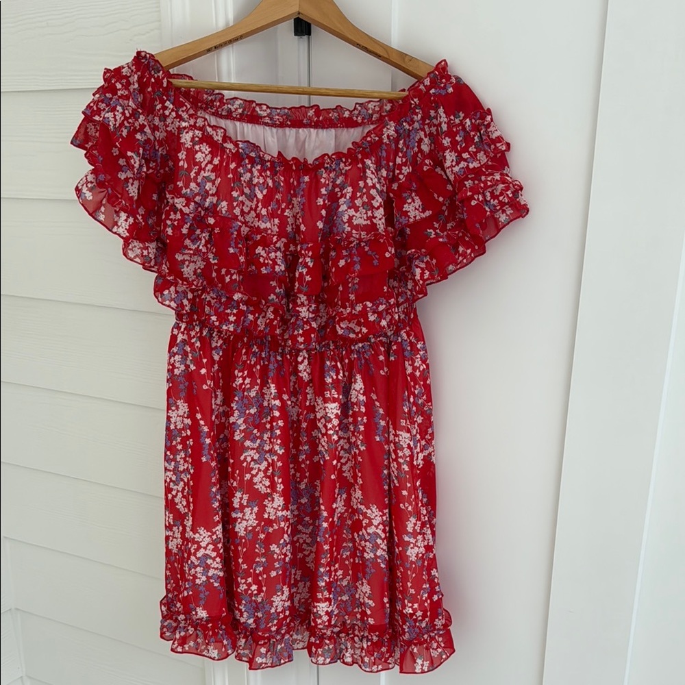 Red Floral off shoulder Ruffle Dress, large